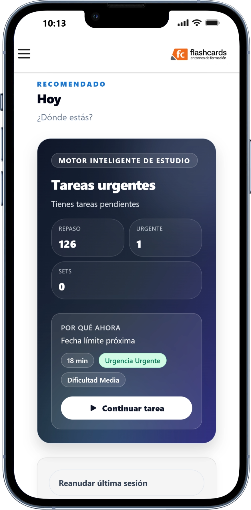 Interfaz de la aplicación Flashcards en móvil