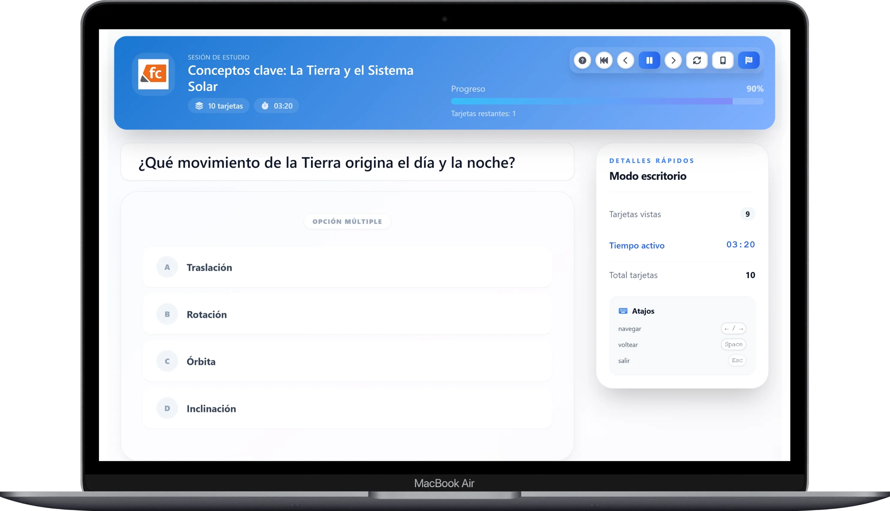 Interfaz de una sesión de estudio guiada